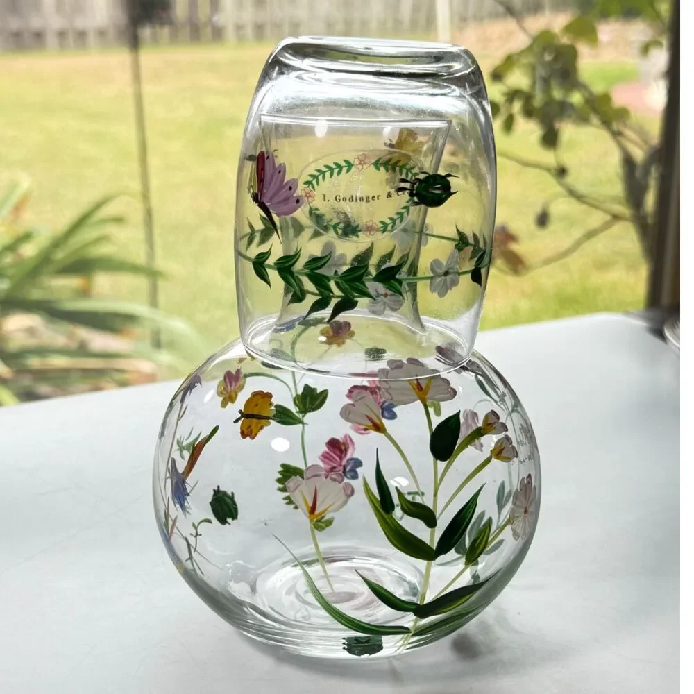 Vintage Hand Painted I.Godinger & Co Glass Tumble Up Floral & Insects Signed